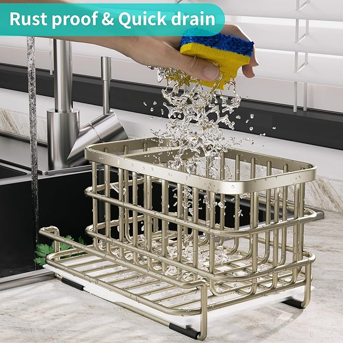 HapiRm Kitchen Sink Caddy Organizer - Versatile Sponge Holder with Drain Tray, SUS304 Stainless Steel Rustproof Kitchen Sink Organizer Storage for Countertop- Brushed Nickel