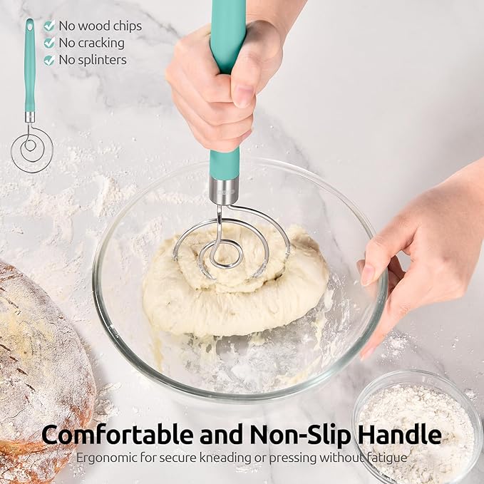 U-Taste 12.6in Danish Dough Whisk: 18/8 Stainless Steel Heavy-Duty Sourdough Mixer Tool, Food Grade Dutch Style Seamless Bread Wisk, Sturdy for Mixing, Stirring, Kneading Thick Batter (Aqua Sky)
