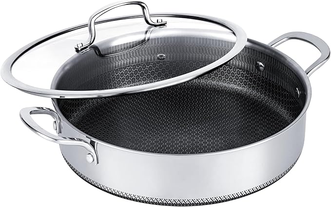 Saute Pan,Stainless Steel Frying Pan, 12 inch 5.5 QT Tri-play Nonstick Non-toxic Deep Frying Pan with Tempered Glass Lid, Stay-Cool Handles Induction, Oven, Dishwasher