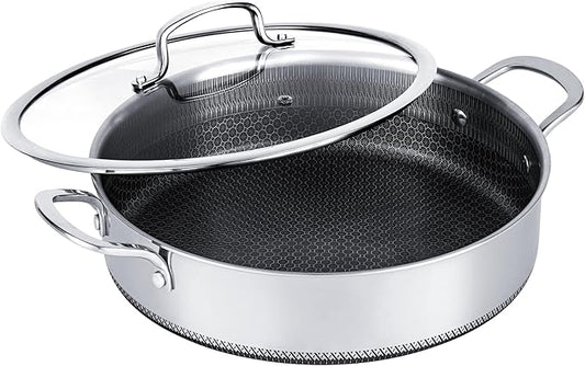 Saute Pan,Stainless Steel Frying Pan, 12 inch 5.5 QT Tri-play Nonstick Non-toxic Deep Frying Pan with Tempered Glass Lid, Stay-Cool Handles Induction, Oven, Dishwasher