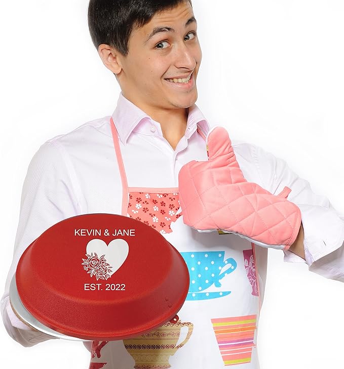 Personalized Aluminum Pie Pan with Lid Customized Cake Pan Bake Tray Engraved With Custom Name Text Monogram - Wedding, Engagement, Anniversary, Housewarming, Birthday, Bridal Shower Gift (Red)