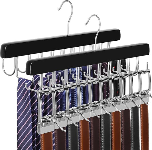 TOPIA HANGER 2 Pack 2 in 1 Belt Tie Hanger for Closet Max 60 Belts with 60 Ties Capacity, 40 Hooks Belt Tie Racks Wooden Hanger for Closet Organizer Storage “U” Fit Belt and “一” Fit Tie - CT52B
