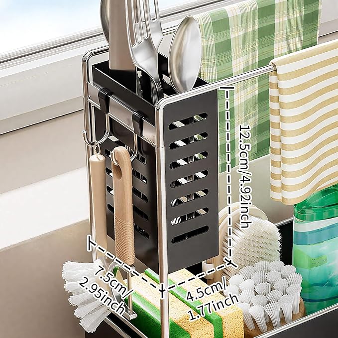 MOUKABAL Sponge Holder for Kitchen Sink, 2-Tier Sink Caddy Organizer with Drain Holes and Hooks, Holds Dishcloth, Sponge & Brushes, Kitchen Countertop Storage for New Home Essentials Grey