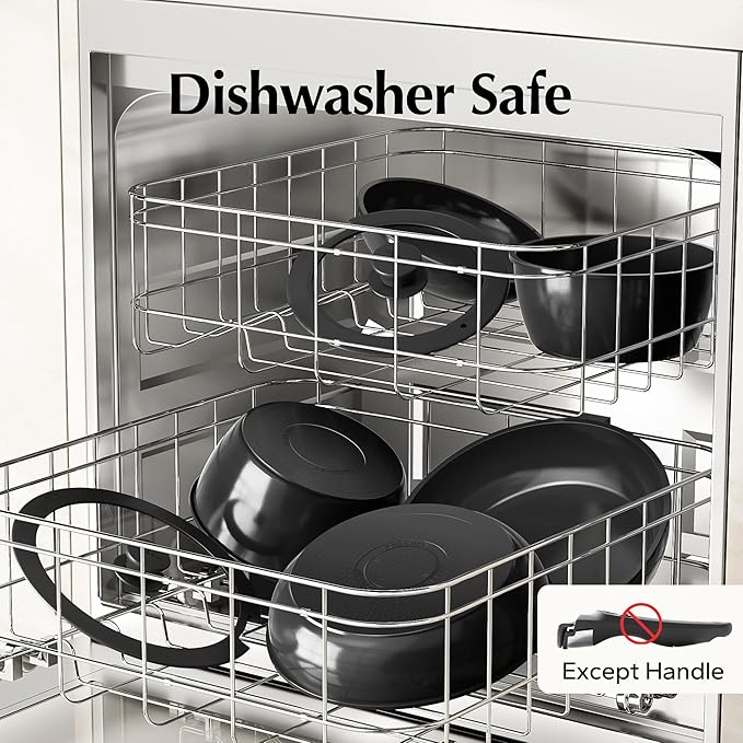 Redchef 16pcs Ceramic Pots and Pans Set Non Stick, Nonstick Kitchen Cookware Set with Detachable Handle, Non Toxic, PFAS PFOA & PTFE Free, RV Cookware Set for Camping, Dishwasher/Oven Safe (Black)