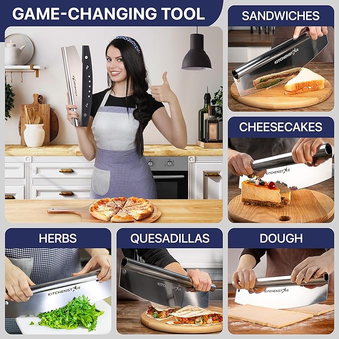 KitchenStar 14-Inch Pizza Cutter Rocker Blade - Sharp Stainless Steel Slicer Knife, Protective Cover, Dishwasher Safe, Large - Professional Pizza Oven Accessories