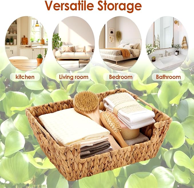 Water Hyacinth Wicker Basket 2 Pack With Handles - Pantry Storage and Organization, Handmade Large Natural Baskets for Organizing