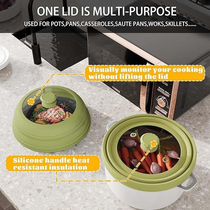 Collapsible Microwave Splatter Cover - Vented Silicone & Glass Lid with Easy-Grip Handle, Fits 6 to 10 Inch Plates & Bowls, 10.8 Inch Diameter, Prevents Splatters & Ensures Even Heating