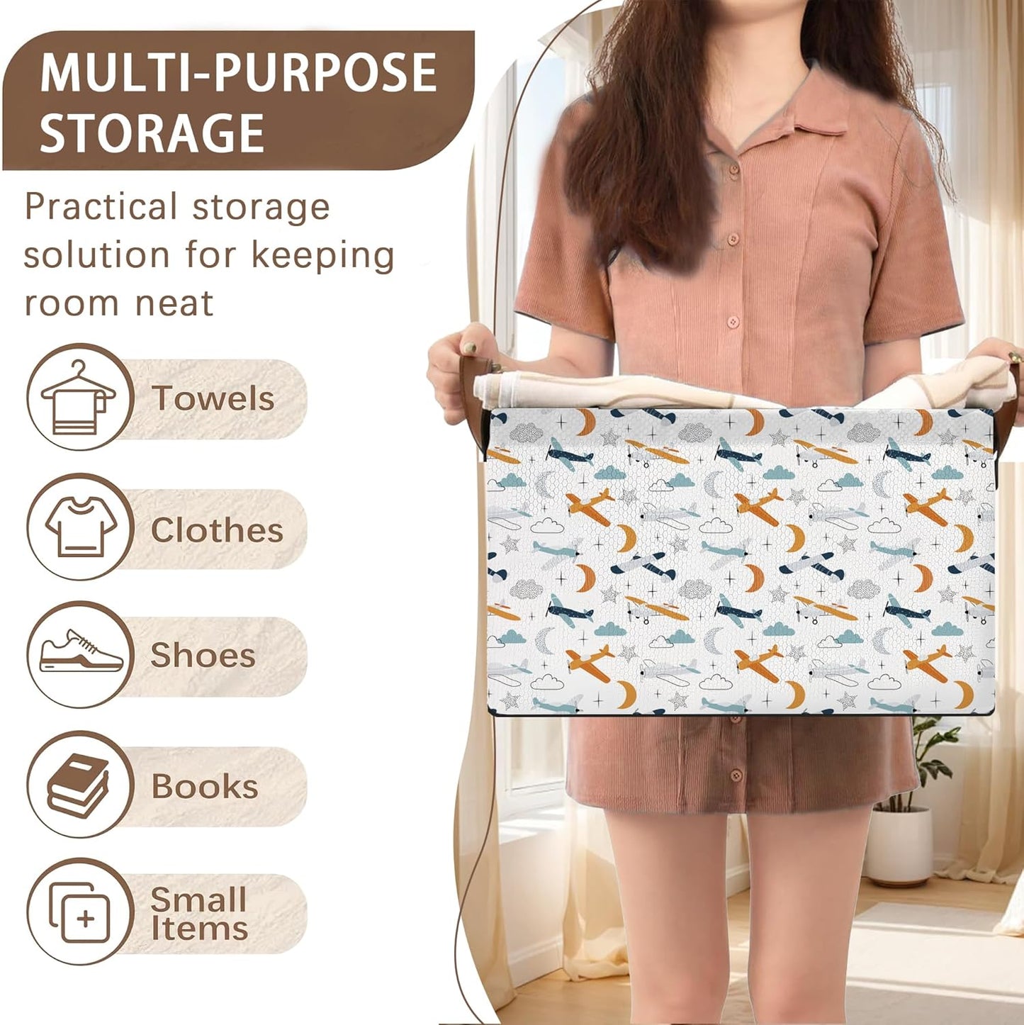 Aviation Themed Storage Basket Large 17x11.5x10.5 Inche-Collapsible Fabric Organizer Bin with Handles for Boys Room, Travel Decor, Toys-Decorative Hamper with Colorful Airplane Silhouettes-Single Pack