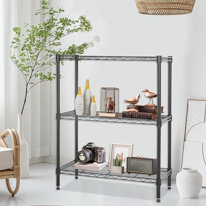 FDW Wire Shelving Units Adjustable Metal Storage Rack 23D x 13W x 30H 3 Tier Pantry Shelves NSF Kitchen Shelf for Kitchen Garage Commercial Small Places,Black