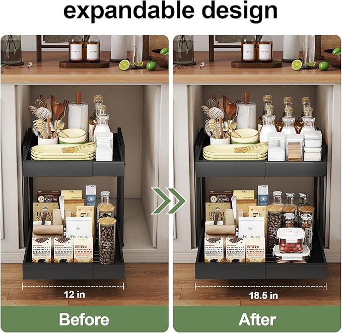 2 Tier Pull Out Cabinet Organizer ,Adjustable Width & Height,Expandable Pull-Out Drawers For Cabinets, Slide Out Shelves for Kitchen Cabinets / Countertop / Pantry,Heavy-Duty & Easy to Install(Black)