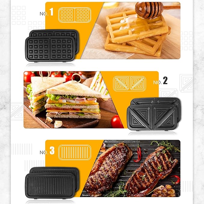 Waffle Makers, 3-in-1 Waffle Iron Panini Press Sandwich Maker with Removable Plates, 5-gears Temperature Control Non Stick Coating Cool Touch Handle Anti-skid Feet for Breakfast 1200W 120V