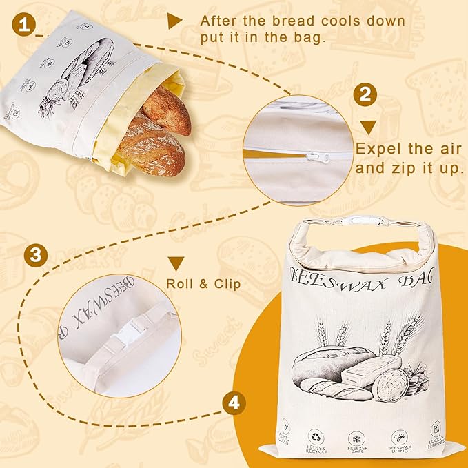 2-Pack Reusable Beeswax Bread Bags for Sourdough & Homemade Bread，Cotton Waxed Bags Keeps Fresh Longer(Golden Wheat)