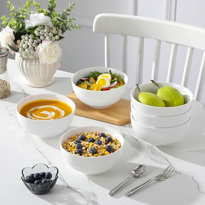 MALACASA 26 oz Porcelain Soup Bowls, White Ceramic Cereal Bowls for Kitchen 6 inch Bowls Set of 6 for Oatmeal Salad Fruit Rice Dishwasher and Microwave Safe, Series Regular
