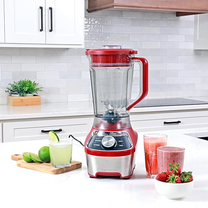 Kenmore Countertop Blender - Electric Mixer, Frozen Smoothie, Shakes, Milkshake, Puree Maker, Licuadora Grinder Kitchen Appliance With Ice Crush & Pulse Function, Dishwasher Safe Pitcher, Red