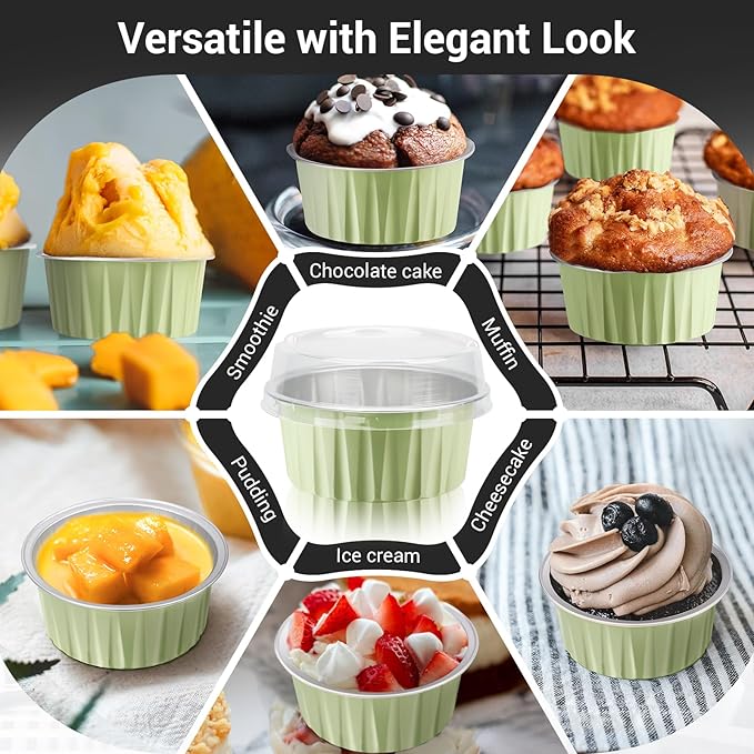 EUSOAR Foil Cupcake Wrappers, 30pcs 5oz Disposable Aluminum Foil Baking Cups Containers with Lids, Dessert Cups with Lids Mini Aluminum Cheesecake Pan Creme Brulee Ramekins-Mustard