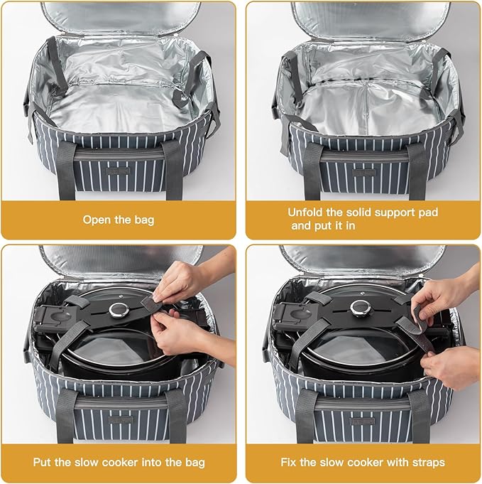 Fun Elements Double Layer Slow Cooker Carrier Bag for 6-8 Quart Oval Crock-Pot, Insulated Crock Pot Travel Bag with Support Pad and Adjustable Straps, Top Zip Compartment and Front Pocket for Utensils