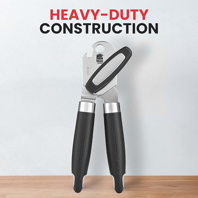 Zulay Kitchen Heavy Duty Stainless Steel Can Opener Manual with Large Bottle Opener - Manual Can Opener with Turn Knob with Soft Grip Handles - Black