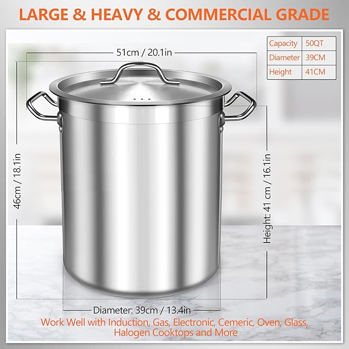 50 Quart Stainless Steel Stock Pot with Lid – Heavy Duty Large Cooking Pot for Soup, Stew, Chili – Commercial Grade, Induction Compatible – Great for Home & Catering