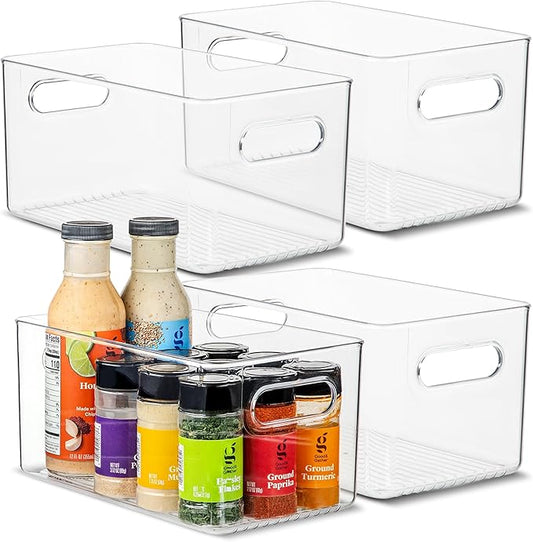Plastic Food Storage 4 Pack Clear Container Bin with Handles for Organizing Kitchen, Pantry, Fridge, Freezer, Pantry,Bathroom. 10"x6"x5"