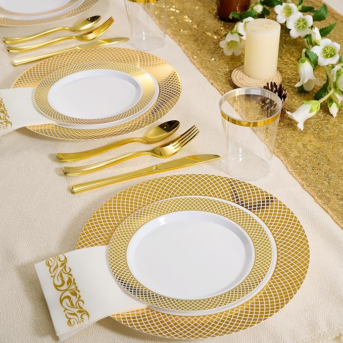 FOCUSLINE 175 Count Gold Dinnerware Set for 25 Guests - Disposable Plastic Plates with Gold Grid, Includes 25 Dinner & Salad Plates, Cups, Napkins, Cutlery Set for Wedding Parties