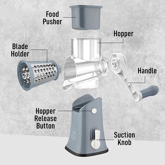 Zulay Kitchen Rotary Cheese Grater 5 Blade Cheese Shredder - Manual Hand Crank Cheese Grater With Reinforced Suction & 5 Interchangeable Drums - Easy to Use, Vegetable Chopper Round Mandoline Slicer