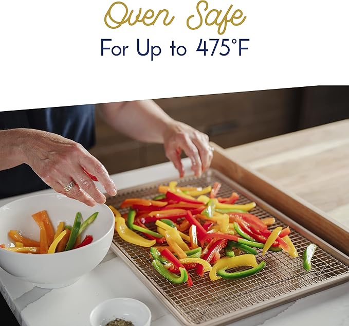 Ultra Cuisine Wire Rack Baking Sheet Pan Set - Half Sheet Pan Set with 100% Stainless Wire Rack - Dishwasher Safe - Steel Reinforced Rim - Aluminum Cooling racks for Cooking and Baking - Champagne