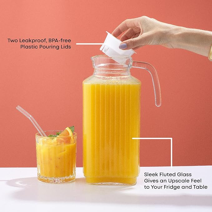 JoyJolt 60oz Glass Pitcher with Lid (2 Lids) - Beverage Serveware and Storage Container for Cold Drinks and Liquids. Juice Container, Water Jug, Fridge Pitcher for Iced Tea or Milk