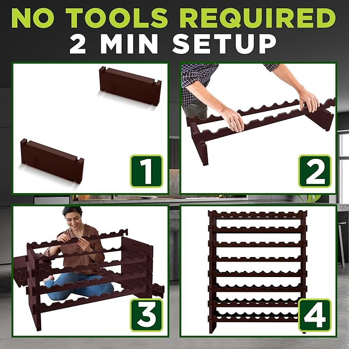 NutriChef Bamboo Stackable Wine Rack, 8-Tier 72 Bottle Capacity Wine Racks Free Standing Floor, No Tools Assembly, Modular Storage Display Shelf for Kitchen and Cellar 33.5" x 10" x 42", Black