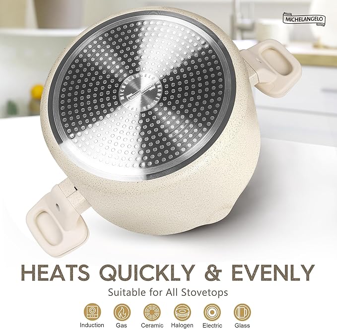 MICHELANGELO Pasta Pot with Strainer Lid - 6 Quart Multipurpose Pot with Twist and Lock Handles, Nonstick Soup Pot with Granite Coating, Induction Compatible, White