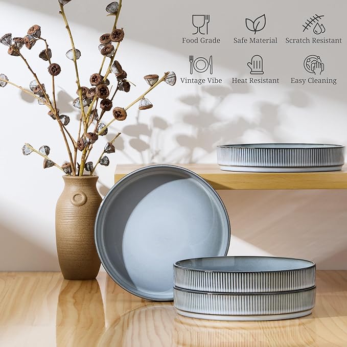 E-far Pasta Bowls Set of 4, 35oz Large Salad Bowl Plate for Dinner Serving Soup, Wide & Shallow Ceramic Stoneware Pasta Plates, Microwave & Dishwasher Safe, Reactive Glaze Textured Stripes, Dusty Blue