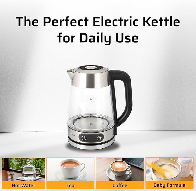 Epsilon 1.8L Glass Electric Kettle – Hot Water Tea Kettle with Borosilicate Glass & Stainless Steel, Auto Shut-Off, Fast Boil 1500W Electric Teapot, BPA-Free, Cool Touch Base
