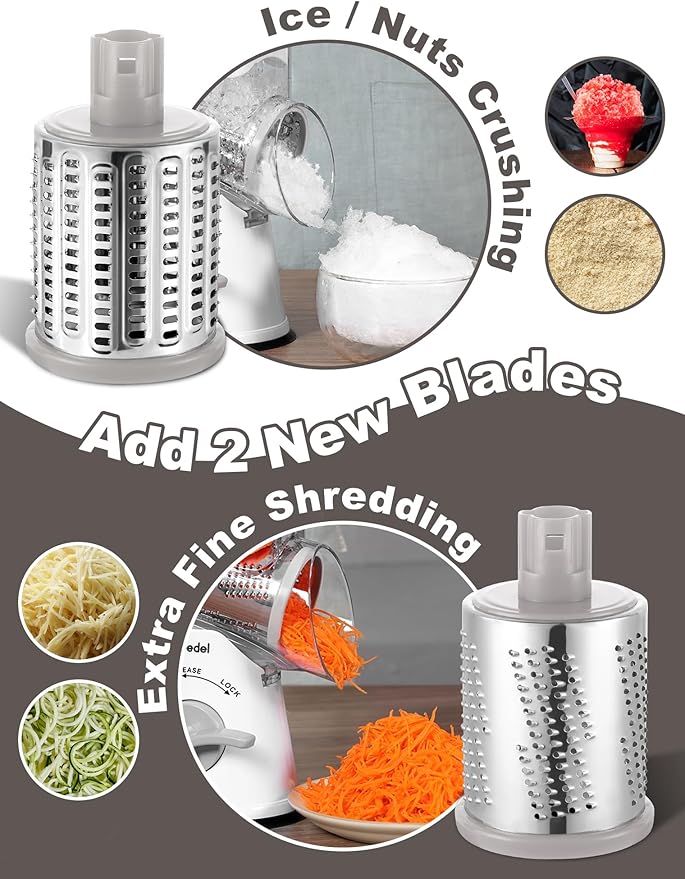 Geedel Rotary Cheese Grater Cheese Shredder - Upgraded 5-in-1 Cheese Grater with Handle and Strong Suction Base, Multi-purpose Vegetable Slicer Ice Shaver Nuts Grinder for Ice, Vegetables, Fruit, Nuts