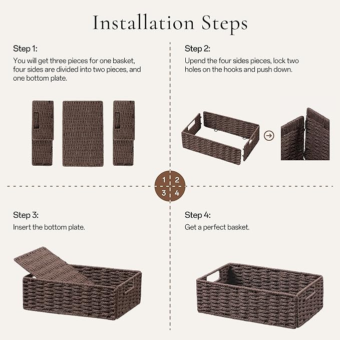 UBBCARE 2 Pack Wicker Basket, 11.5L×7.5H×3.5W inch Woven Paper Rope Storage Baskets for shelves, Foldable Rectangular Storage Baskets with Handle, Storage Basket for Organizing, Dark Brown