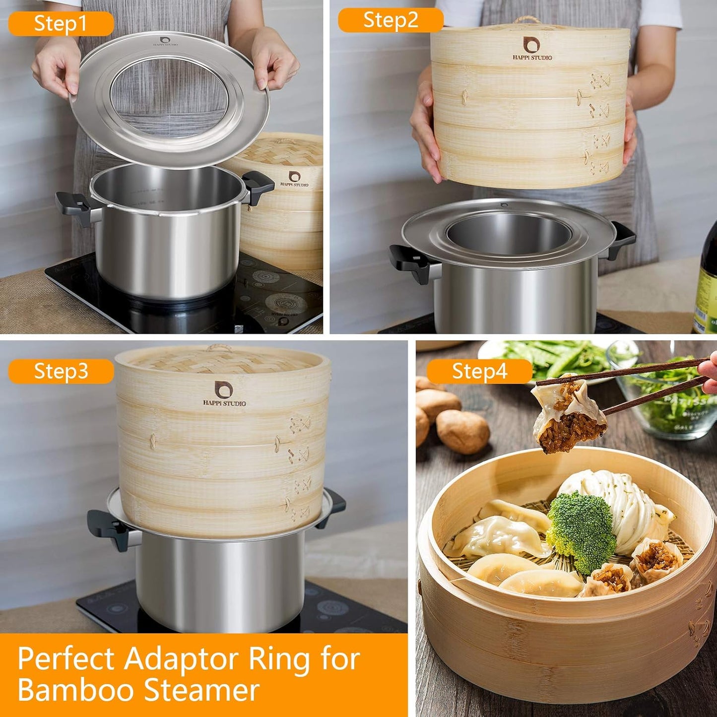 Bamboo Steamer Basket - 10 Inch 2-Tier Bamboo Dumpling Steamer for Cooking Dim Sum, Momo, Rice - Bao Bun - Natural Chinese Steam Baskets with Stainless Steel Ring Set