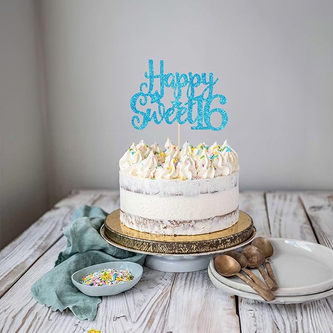 Gyufise 1Pc Happy Sweet 16 Cake Topper Glitter 16th Birthday Cake Pick for Cheers to 16 Years Old 16th Birthday Party Cake Decorations Supplies Light Blue