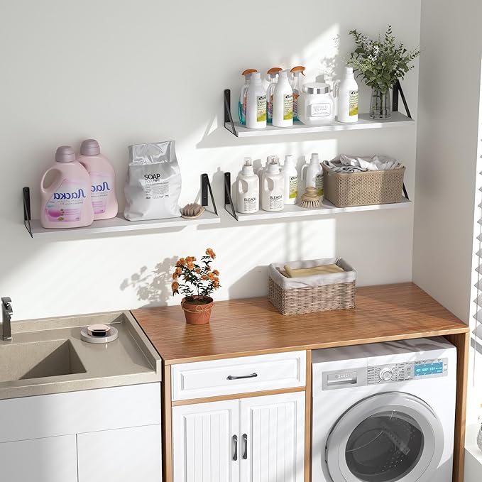 Heimlove Floating Shelves for Wall, 24 Inch Long Wood Floating Shelves Set of 3, Wall Mounted Hanging Shelf for Bathroom Bedroom Kitchen, White