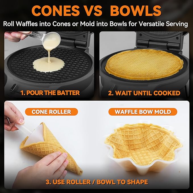 Baker's Friend Waffle Cone Maker Machine with Browning Control, Nonstick Waffle Bowl Maker, 7.5” Ice Cream Cone Maker, Thin Waffle Maker Crispy, Cone Roller & Bowl Press Included, Graphite