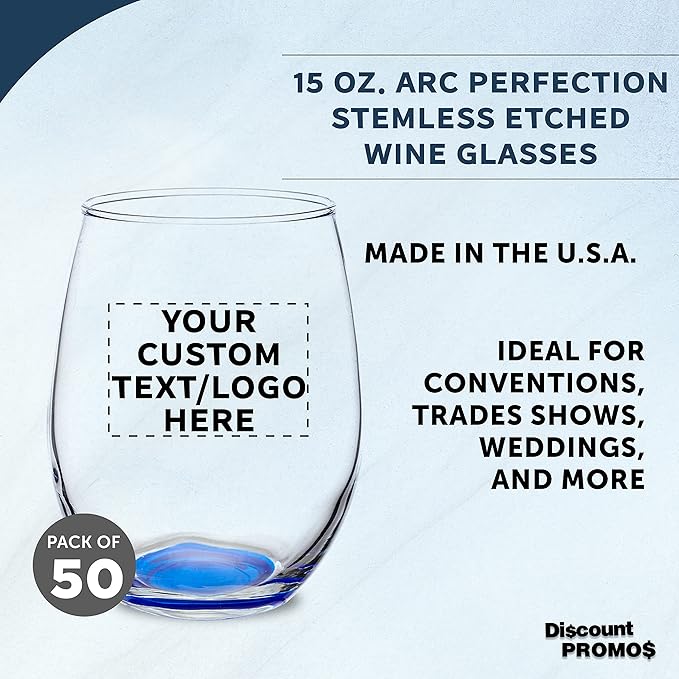 Custom Stemless Wine Glasses in Bulk by ARC Perfection, 15 oz, 50 pack, Personalized Text, Logo, Red or White Wine Glass Set, Blue