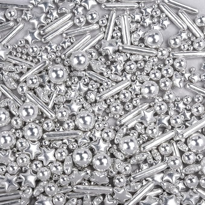Dazzjoy Edible Silver Star Pearl Sprinkles, Ball Sugar Candy, Edible Silver Pearls for Cake Sprinkles, 130g/4.58oz, Cupcake & Cookies Topper Decoration, Wedding Party Halloween Christmas Supplies