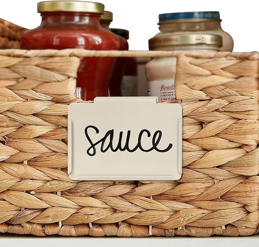 Basket Labels Clip on | Label Holders for Basket or Storage Bins Includes White Chalk Markers (18 Cream Holders + 4 Black Chalk Makers)