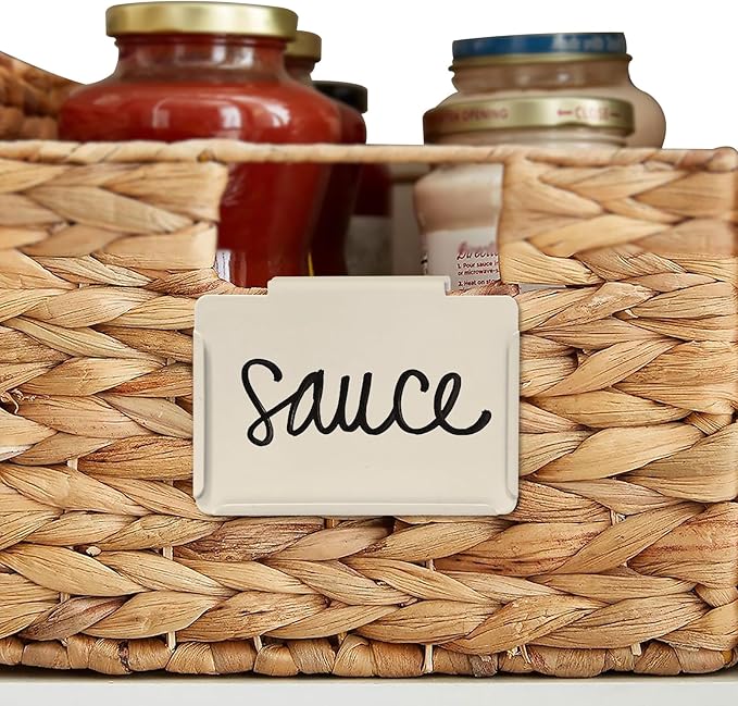 Basket Labels Clip on | Label Holders for Basket or Storage Bins Includes White Chalk Markers (8 Cream Holders + 2 Black Chalk Makers)
