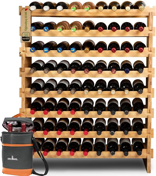 Stackable Bamboo Wine Rack for 72 Bottle, 8-Tier and Sturdy, Free Standing, Modular Wine Storage, Wine Bottle Storage for Cellar, Kitchen and Dining Room (72 Bottle)