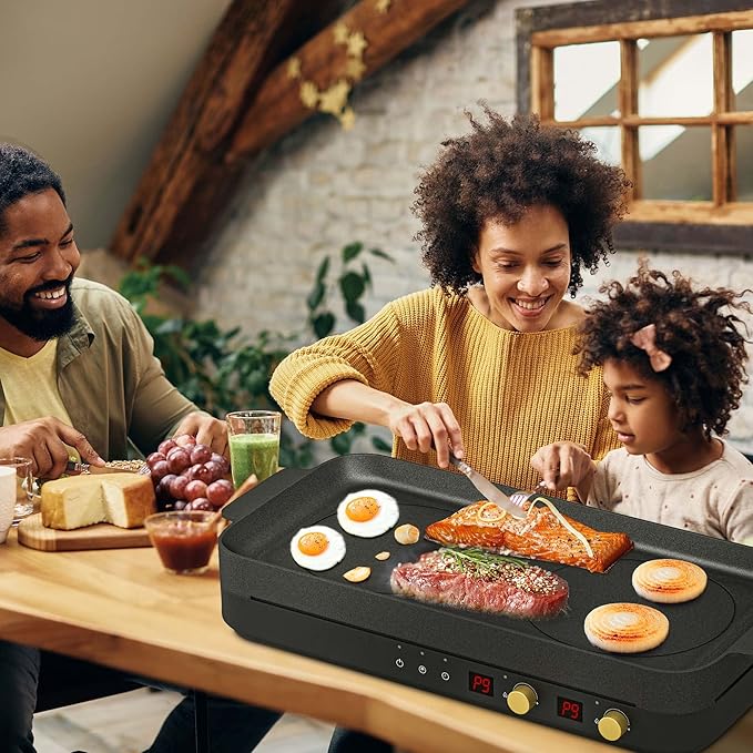 Portable Induction Cooktop 2 Burner with Removable Iron Cast Griddle Pan Non-stick, 1800W Double Induction Cooktop with Child Safety Lock & Time, Great for Family Party