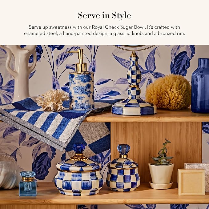 MACKENZIE-CHILDS Enamel Lidded Sugar Bowl, Small Serving Bowl with Lid, 10-Ounce Capacity, Blue-and-White Royal Check