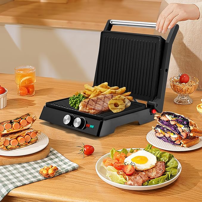 Pukomc Panini Grill Press,Sandwich Maker Press,Contact Grill, 1400W Non-Stick Grill, 60-Minute Timer, 180 Degrees Opening, Stainless Steel