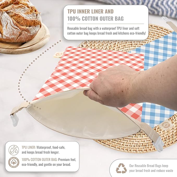 Cozy Bread® Reusable Bread Bag Set for Home Bakers | USA Brand | Charming Designs (Gingham)