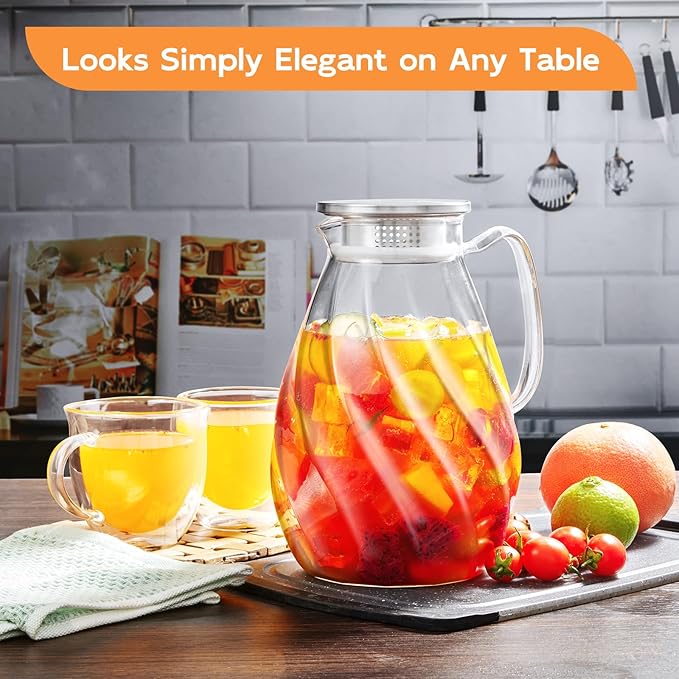 DRASTAR Glass Pitcher with Lid, 2.2L Water Pitcher, 74oz Tea Pitcher for Drinks, Borosilicate Glass Water Jug Cold Or Hot Beverages, Lemonade Pitcher, Glass Water Carafe With Lid