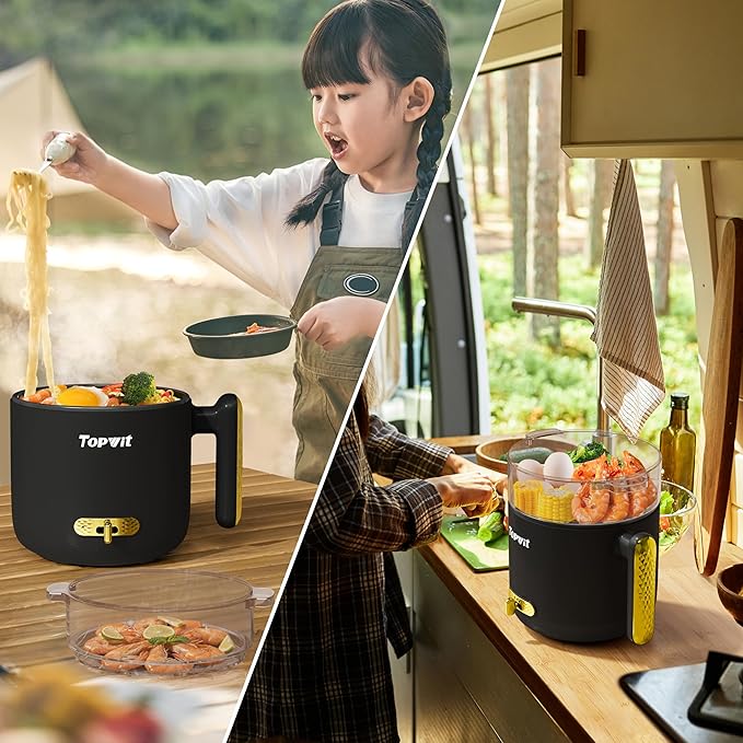 Topwit Hot Pot Electric with Steamer, 1.8L Ramen Cooker, Portable Electric Pot for Cooking, Multifunctional Cooker for Steak, Egg, Soup, Noodle with Power Adjustment, Dorm Room Essential, Black