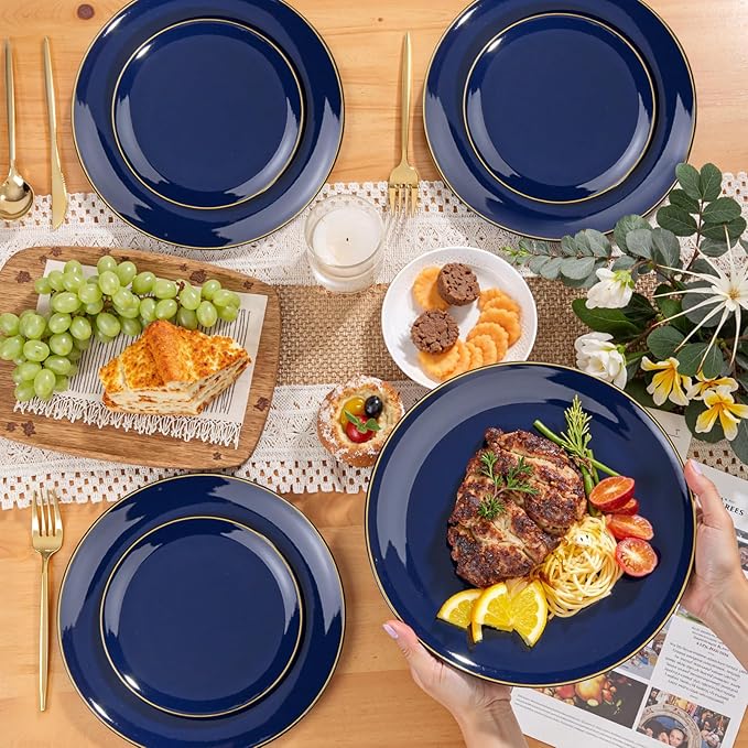 PULOTE 200 Pieces Blue Plastic Plates - Navy Blue and Gold Disposable - Include 100PCS 10 inch Dinner & 100PCS 7 inch Dessert Plate for Party