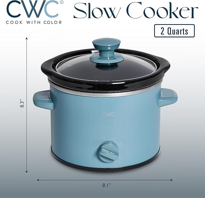 COOK WITH COLOR 2QT Mini Electric Round Slow Cooker - Adjustable Settings, Removable Stoneware Pot, Tempered Glass Lid, Dishwasher Safe, Cool-Touch Side Handles, Slate Blue